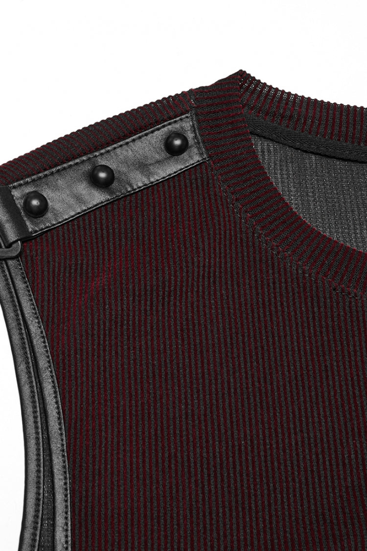 Crimson & Obsidian Round Collar Sheer Mesh Color Matching Rivet Punk Vest