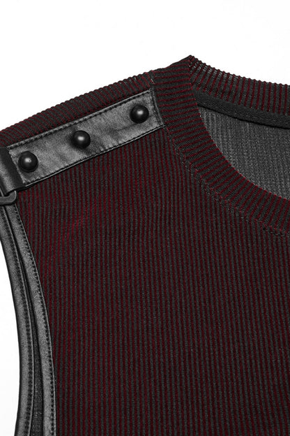 Crimson & Obsidian Round Collar Sheer Mesh Color Matching Rivet Punk Vest