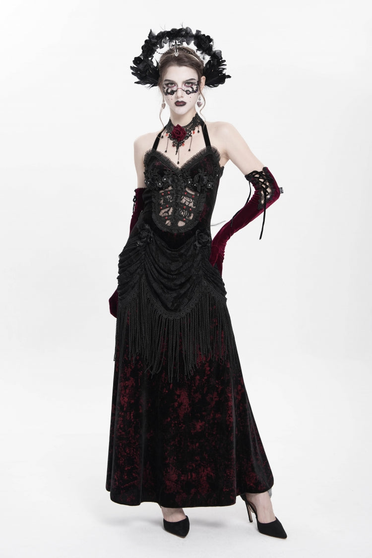 Crimson Gothic Maxi Dress with Floral Embroidery and Lace-Up Pleats