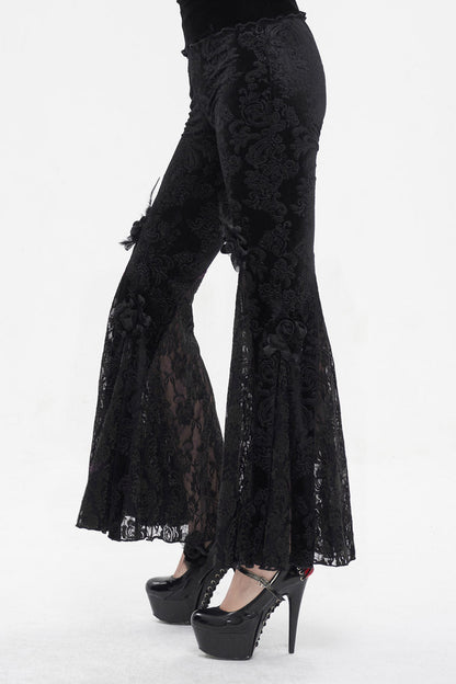 Dark Floral Lace Trimmed Flared Trousers for Women - Gothic