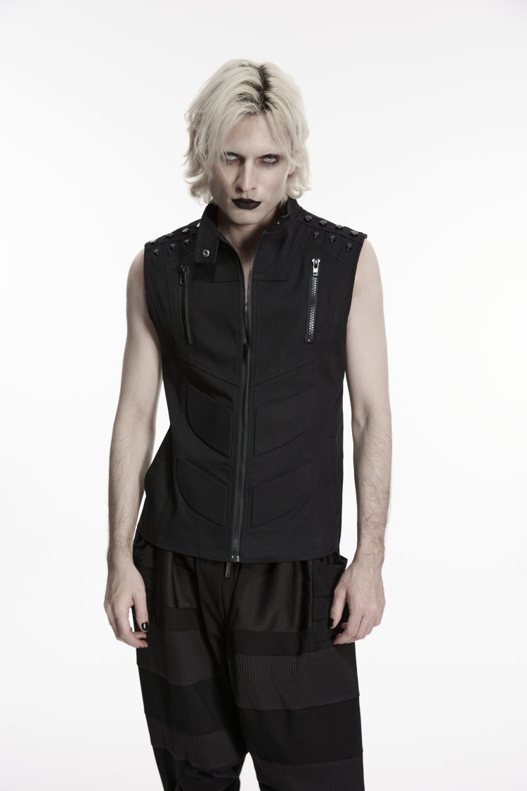 Men's Black Punk Vest, Sleeveless with Studs and Zip Front