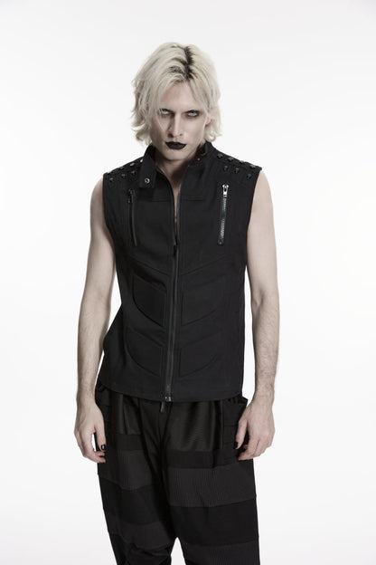 Men's Black Punk Vest, Sleeveless with Studs and Zip Front