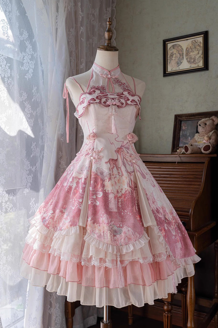 Blush Multi-Layered Print Ruffle Bow Chinese Style JSK - Flower Feast