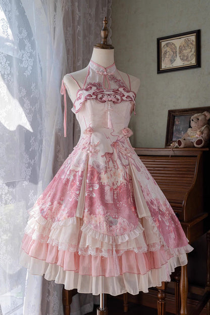 Blush Multi-Layered Print Ruffle Bow Chinese Style JSK - Flower Feast