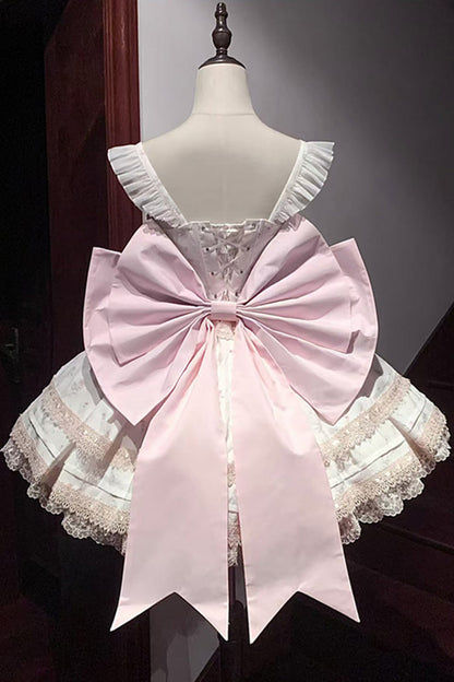 Blush Printed Ruffled Lace JSK Set with Bow