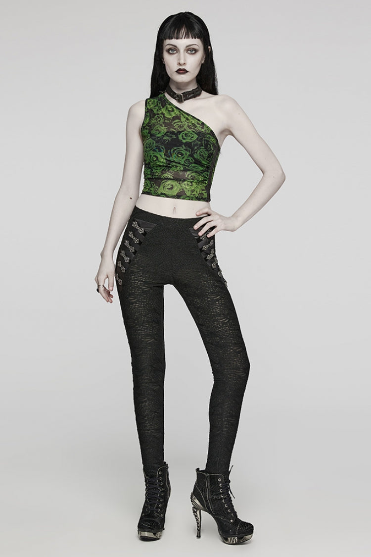 Mesh Button Decor Slim Gothic Leggings for Women