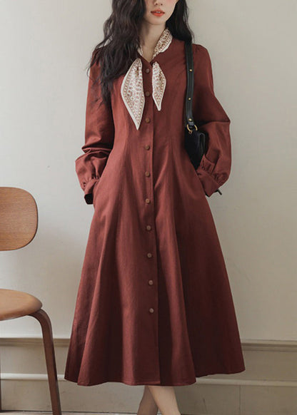 Fit Slim Pockets Dress Bow Red Spring Maxi Button