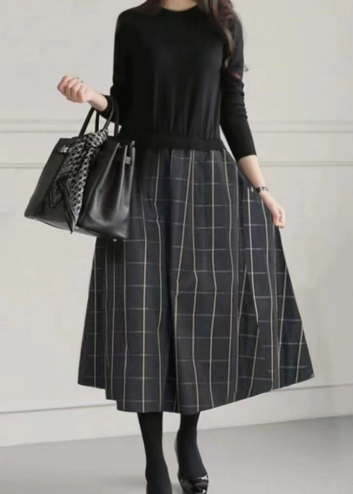 Large Fake Knit Patchwork Two Exra Piece Hem Dresses Black Fitted