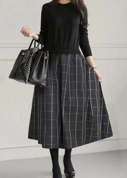 Large Fake Knit Patchwork Two Exra Piece Hem Dresses Black Fitted