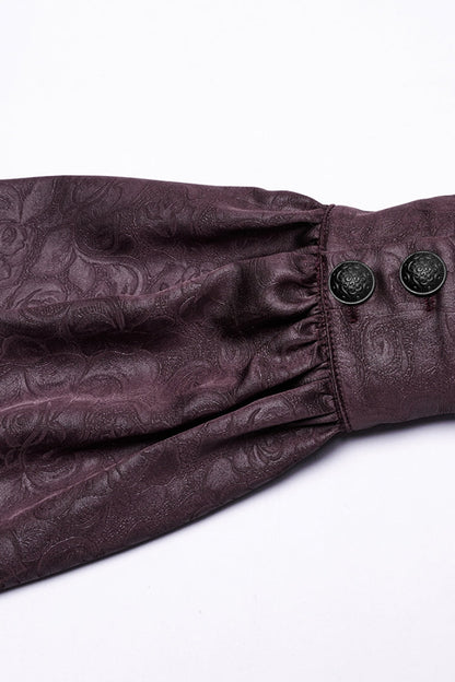 Crimson High-Neck Gothic Ruffled Rose Blouse with Lace-Up Plunge