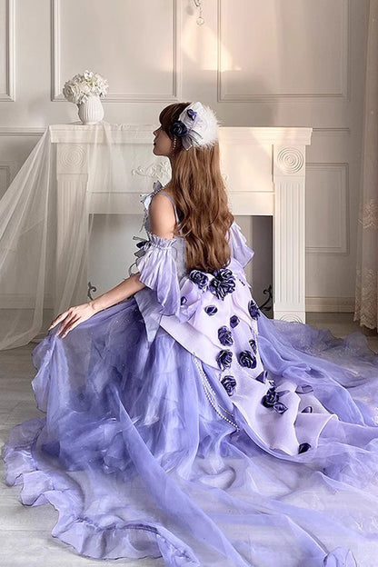 Irregular Sweet Ballet Lolita JSK Dress with Embroidery Bowknot Lace-Up in Misty Purple Swan Wonderland