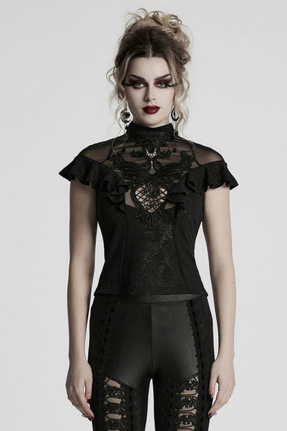 Ruffle Sheer Lace Gothic Blouse with Embroidery for Women