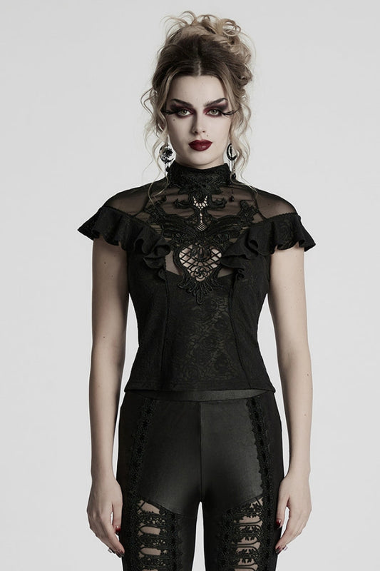 Ruffle Sheer Lace Gothic Blouse with Embroidery for Women