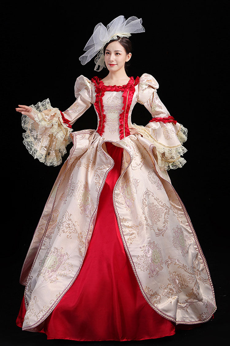 High-Waisted Victorian Prom Dress with Trumpet Sleeves and Floral Embroidery in Wine/Gold - CourtlyElegance