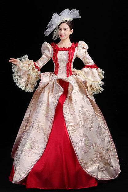High-Waisted Victorian Prom Dress with Trumpet Sleeves and Floral Embroidery in Wine/Gold - CourtlyElegance