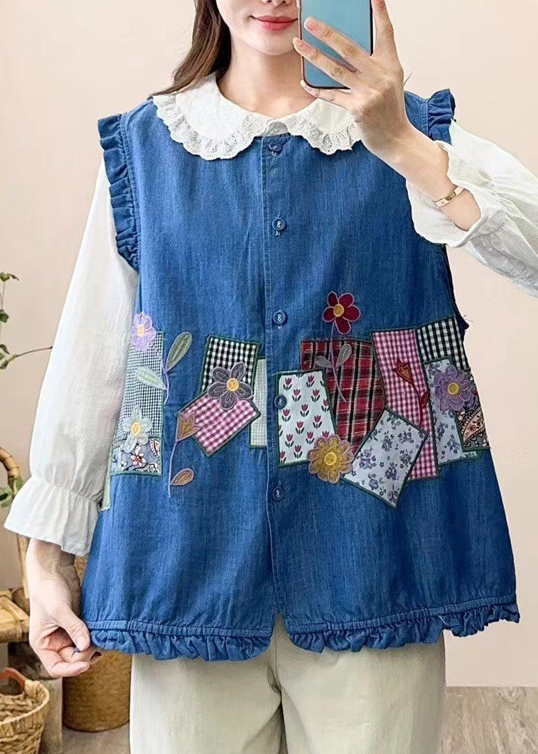 Gilet sans manches à boutons en patchwork brodé bleu marine mignon NN038 