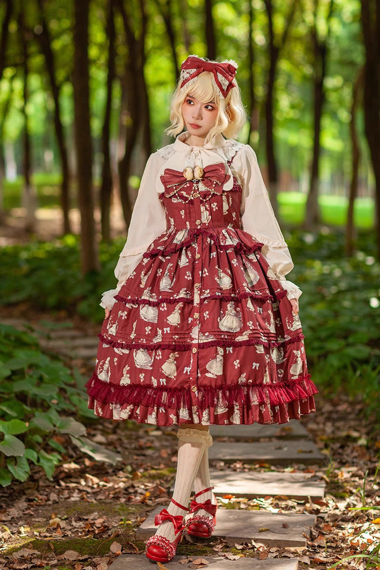 Multi-Layer Ruffle Sweet Elegant Lolita JSK Dress with Rabbit Dance Print - 4 Colors