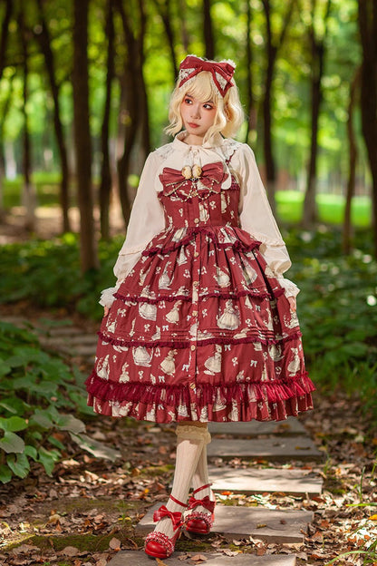 Multi-Layer Ruffle Sweet Elegant Lolita JSK Dress with Rabbit Dance Print - 4 Colors