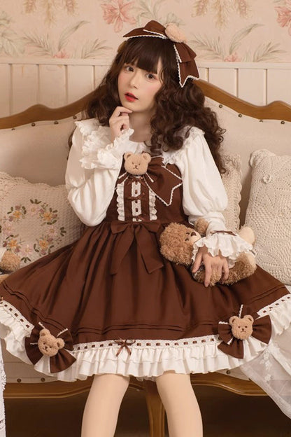 Mousse Bear Sleeveless Vintage Princess Lolita JSK Dress with Bow - Ruffle