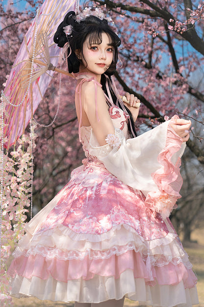 Blush Multi-Layered Print Ruffle Bow Chinese Style JSK - Flower Feast