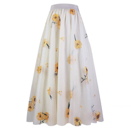 Jupe en tulle brodée taille haute à motif tournesol beige féerique NN009 