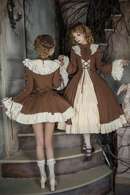 Nutcracker Stand Collar Trumpet Sleeve Lolita Dress Set with Bow - Lace-Up