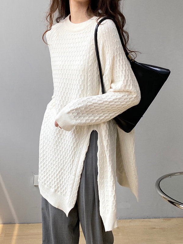 Retro Oatmeal Round-Neck Split-Side Long Sleeve Twist Knit Sweater AN1045