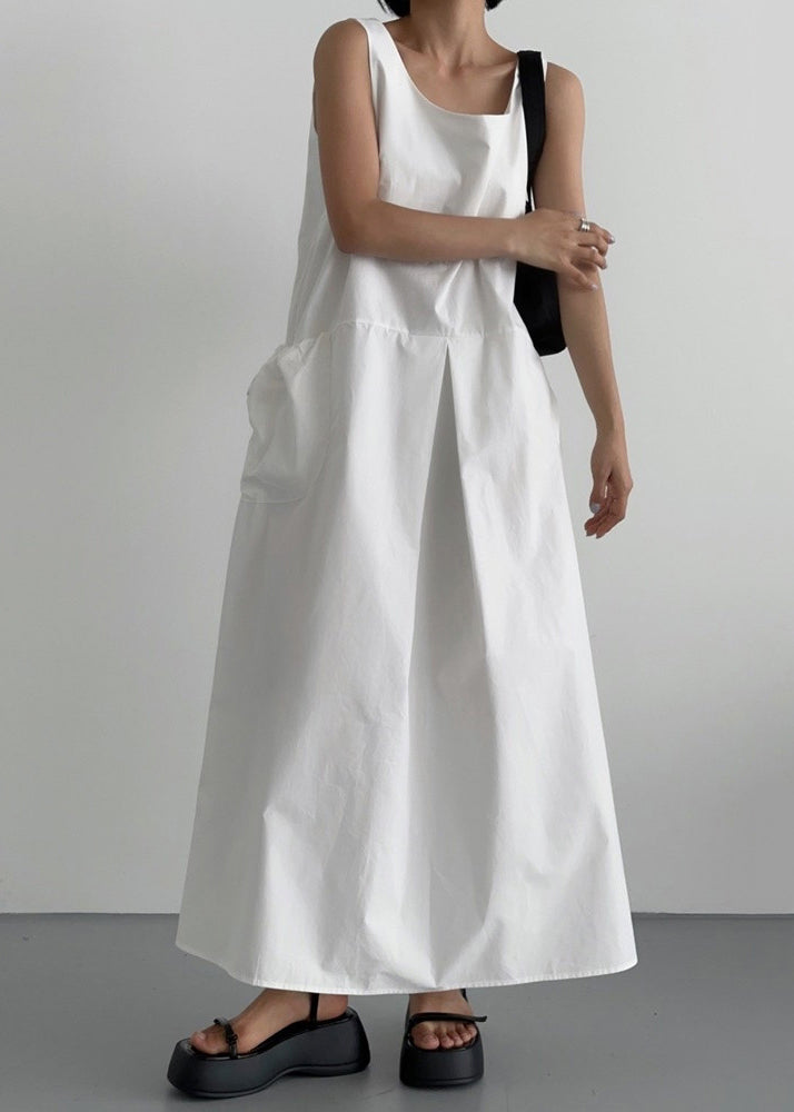 Women Neck Cotton Dresses White Robe Sleeveless U