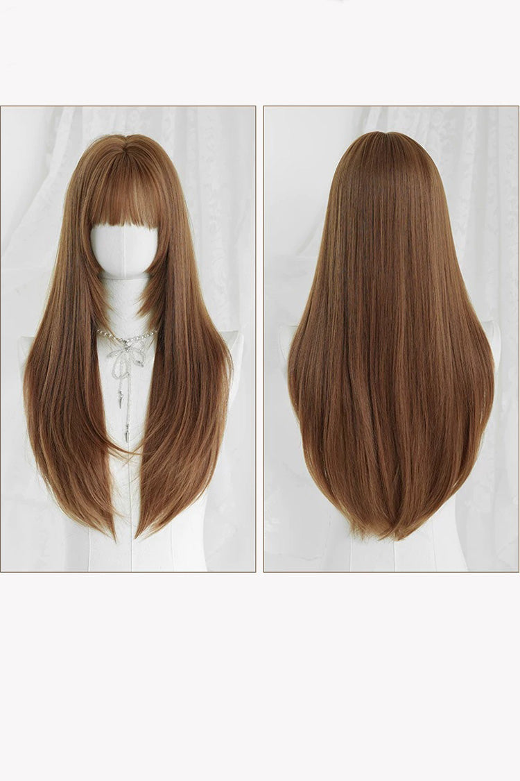 Korean Idol Face-Framing Hime Cut Long Straight Wig with Full Bangs in Mocha Mousse