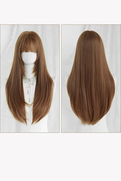 Korean Idol Face-Framing Hime Cut Long Straight Wig with Full Bangs in Mocha Mousse