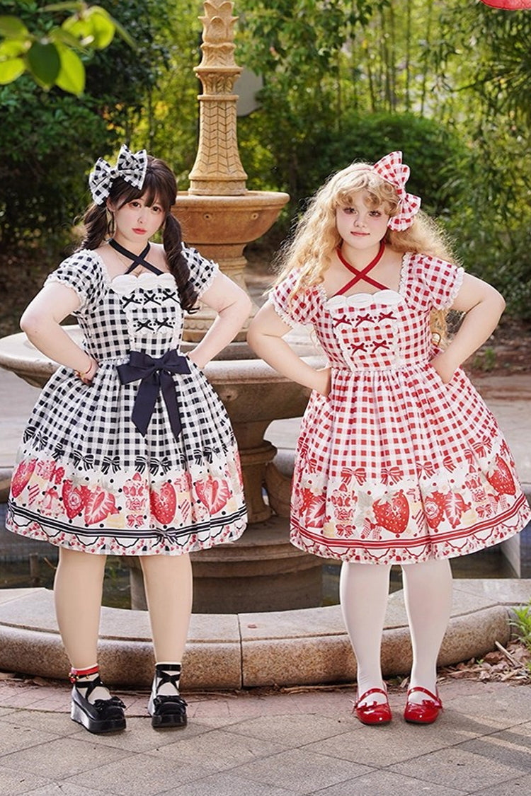 Crimson Sweet Plus Size Lolita Dress with Strawberry Plaid and Bow