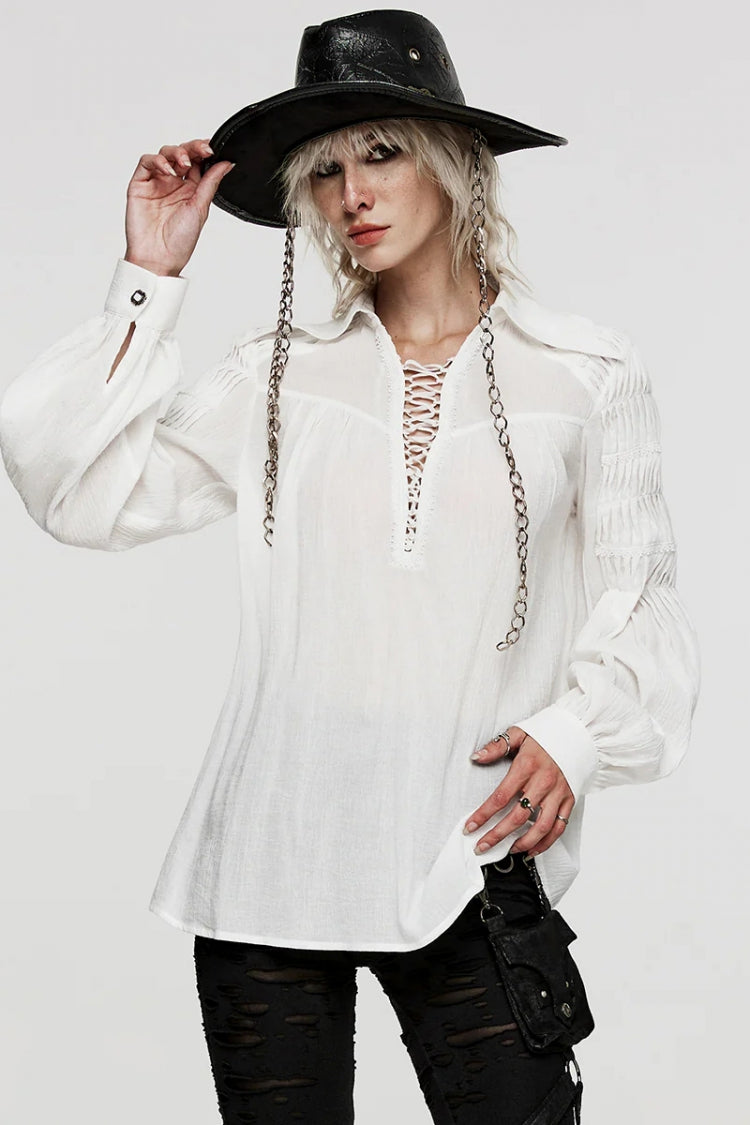 Women's Turn-Down Collar Long Sleeve Lace Ruched Gothic Blouse Two Tones