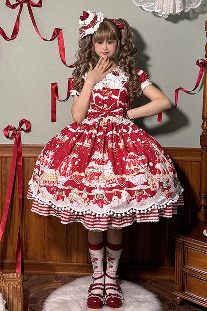 Doll Collar Short Sleeve Print Ruffle Bowknot Sweet Lolita Dress with Strawberry Dessert - 4 Colors