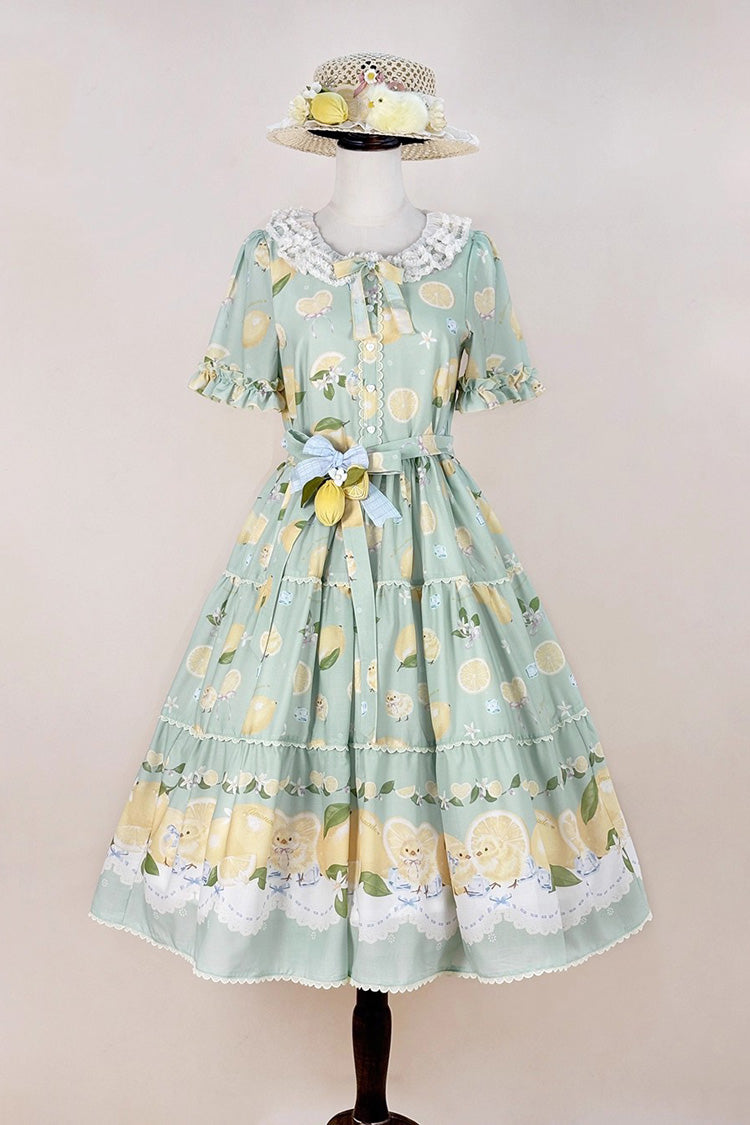 Emerald Lemon Chicken Short-Sleeve Ruffle Bow Daily Sweet Dress