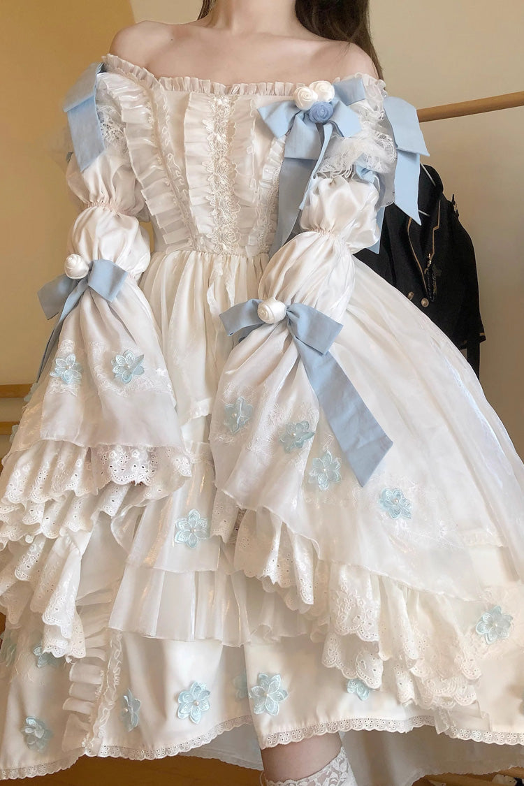 Ivory Boatneck Multi-Layer Ruffle Hanayome Bow Princess Lolita Strapless Dress