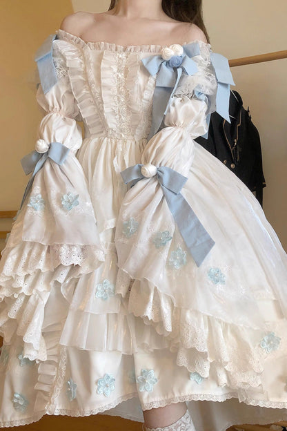 Ivory Boatneck Multi-Layer Ruffle Hanayome Bow Princess Lolita Strapless Dress