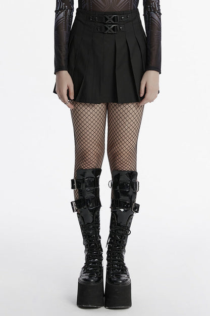 Punk Pleated Skirt with Skull Buckle Detail