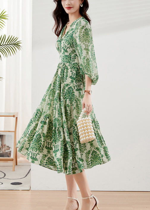 V Green Handmade Neck Bracelet Print Dresses Chiffon Vacation