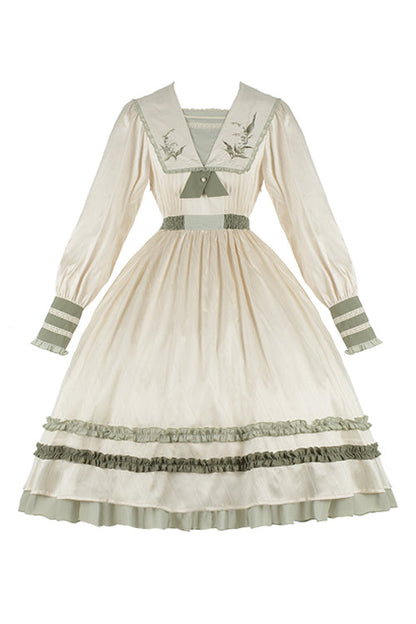 Long Sweet Lolita OP Dress with Embroidered Large Lapel Collar & High Waist, Cream