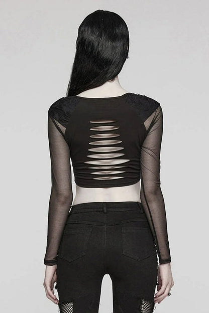 Gothic Hollow-Out Buckle Blouse for Women - Midnight Lace Sleeves