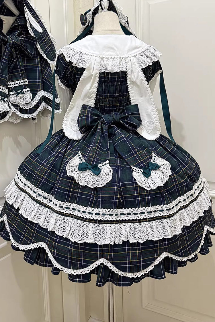 Emerald Gingham Petal Bunny Short-Sleeve Ruffled Bow OP Dress