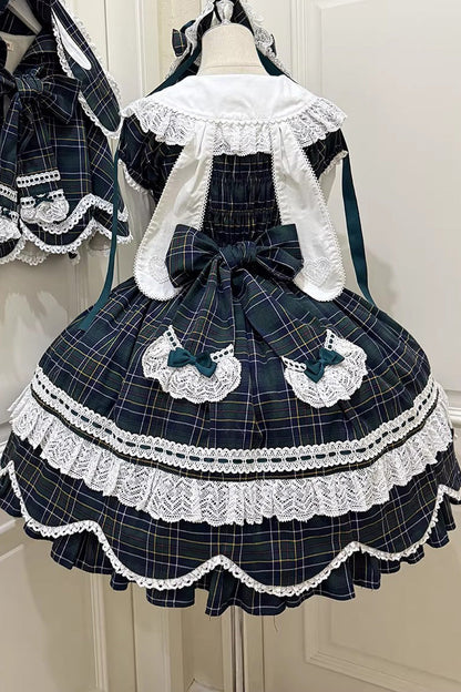 Emerald Gingham Petal Bunny Short-Sleeve Ruffled Bow OP Dress