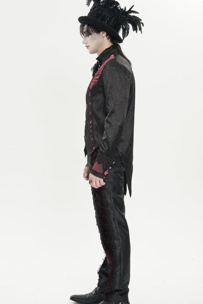 Crimson High-Neck Gothic Palace Shirt with Jacquard and Bow Accents