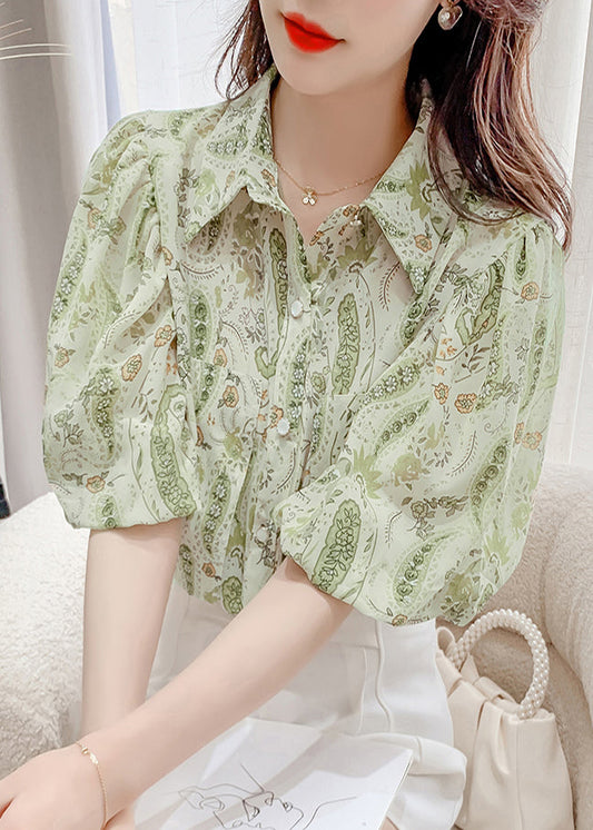 Pan Elegant Chiffon Shirt Peter Top Print Lantern Green Collar