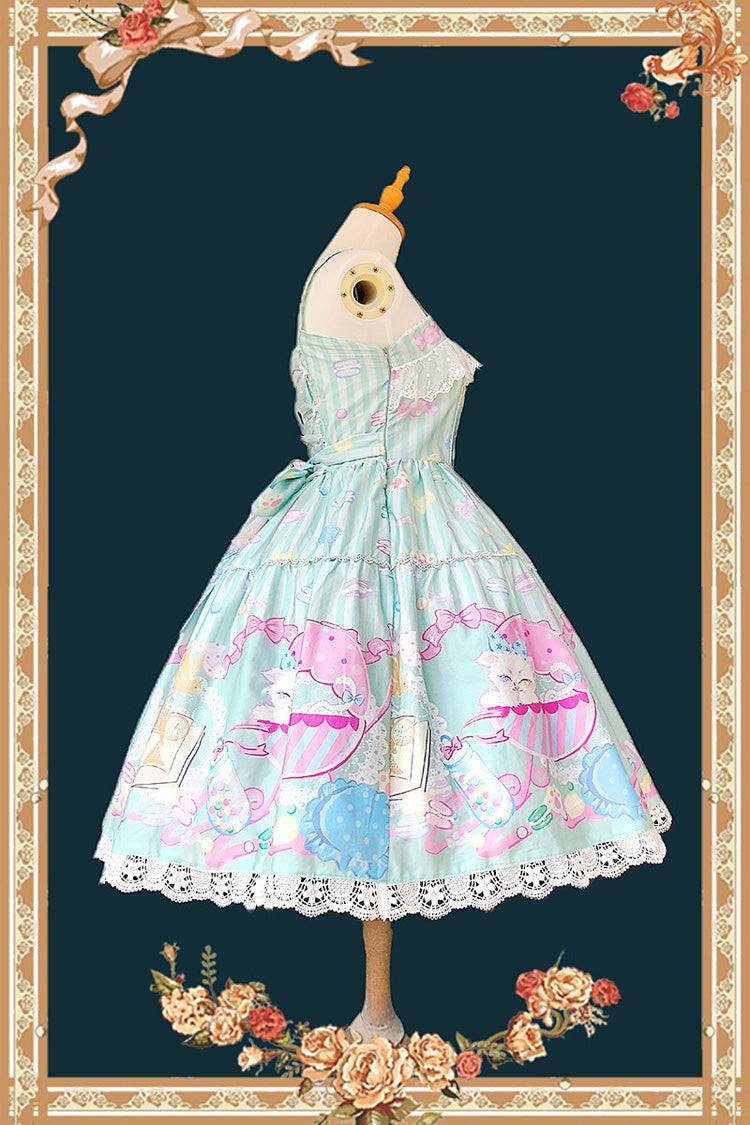 Emerald Macaron House Square-Collar Sleeveless Bow Printed JSK