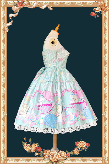 Emerald Macaron House Square-Collar Sleeveless Bow Printed JSK