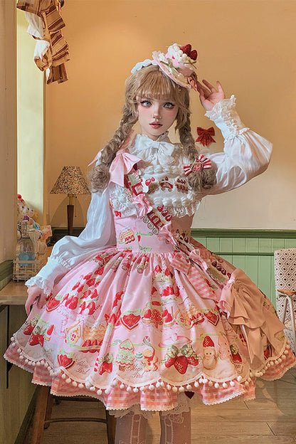Natural Waisted Ruffle Bowknot Sweet Lolita JSK Dress with Strawberry Dessert Print - 4 Colors