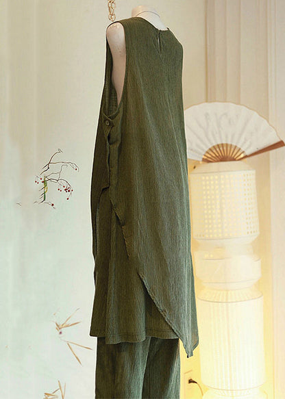 Button Cotton Set Sleeveless Asymmetrical Two Pieces Women Green
