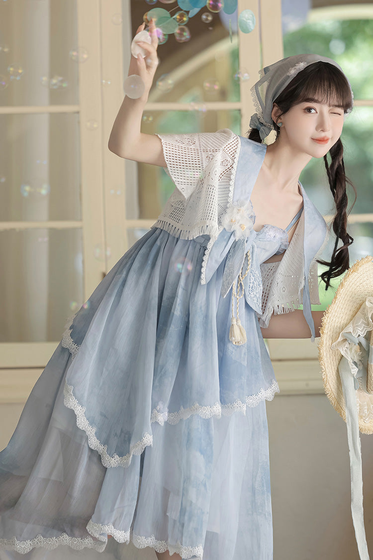 Azure Clouds Resting in the Wilderness Print Ruffle Embroidery Bow Lace Irregular Lolita Jumper Dress