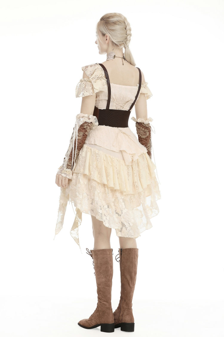 Steampunk Vintage Women's Dress with Irregular Ruffled Lace Layers, Cream